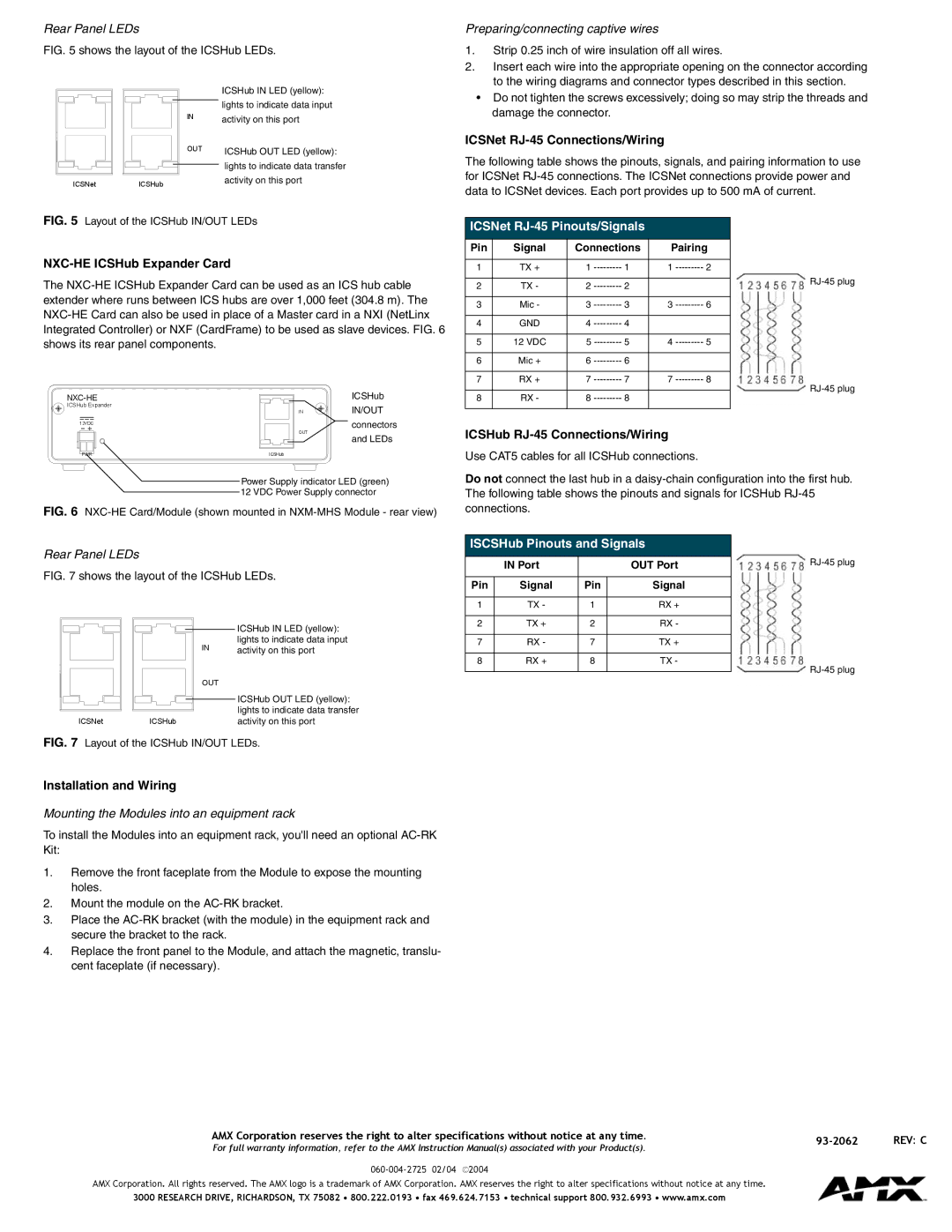 AMX NXC-NH/HS/HE quick start NXC-HE ICSHub Expander Card, Installation and Wiring, ICSNet RJ-45 Connections/Wiring 