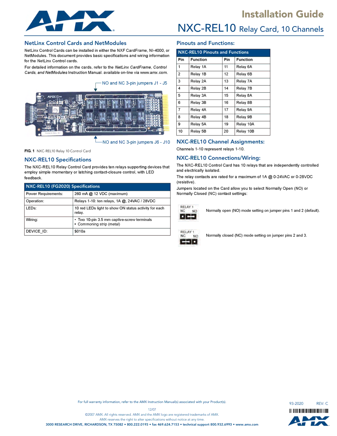 AMX specifications NetLinx Control Cards and NetModules, Pinouts and Functions, NXC-REL10 Specifications 