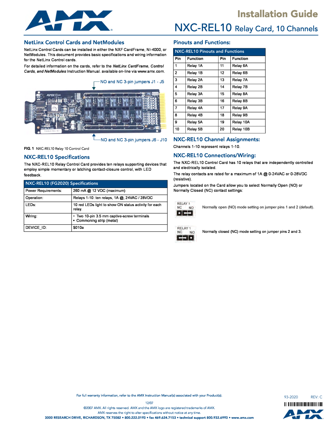 AMX specifications Installation Guide, NXC-REL10 Relay Card, 10 Channels, NetLinx Control Cards and NetModules 