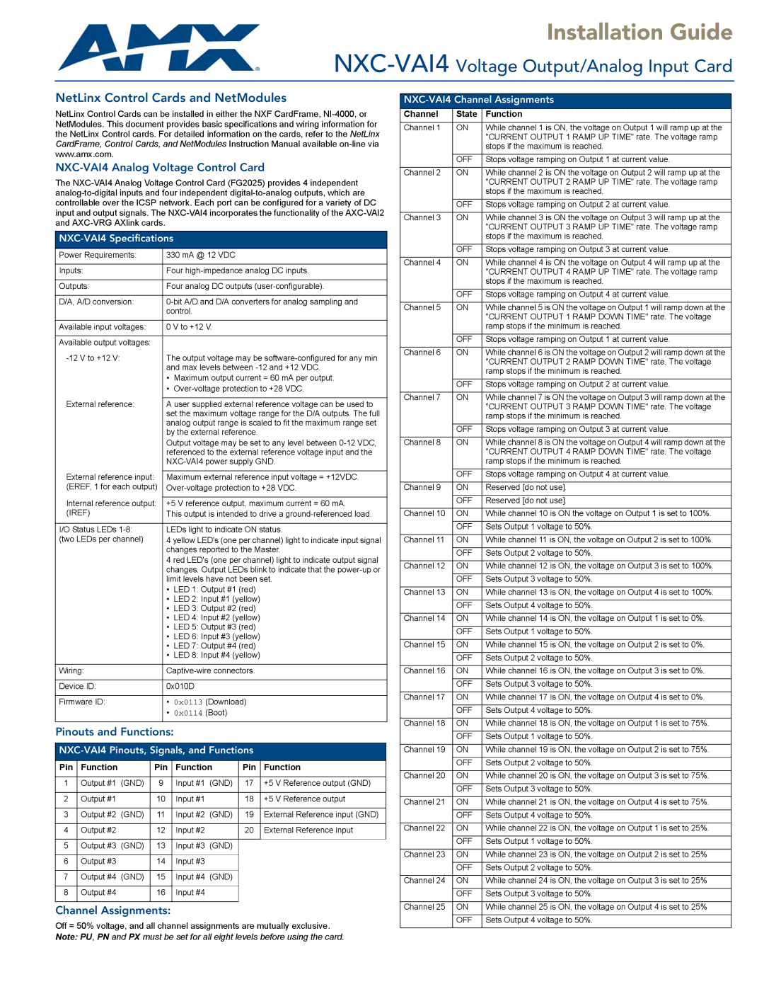 AMX specifications NXC-VAI4 Analog Voltage Control Card, Pinouts and Functions, Channel Assignments 