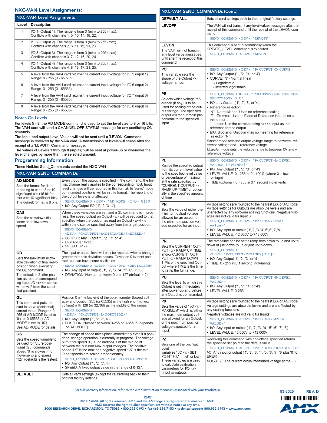 AMX specifications Programming Information, NXC-VAI4 SENDCOMMANDs NXC-VAI4 Level Assignments 