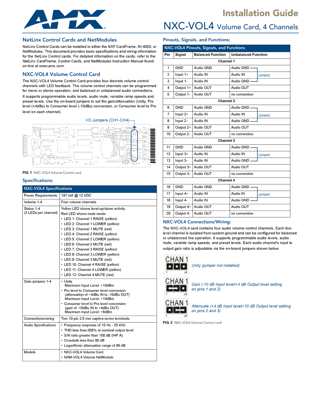 AMX specifications Specifications, Pinouts, Signals, and Functions, NXC-VOL4 Connections/Wiring 