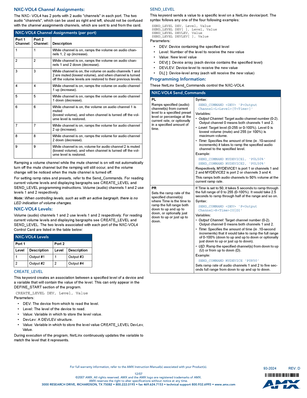 AMX specifications NXC-VOL4 Channel Assignments, NXC-VOL4 Levels, Programming Information 