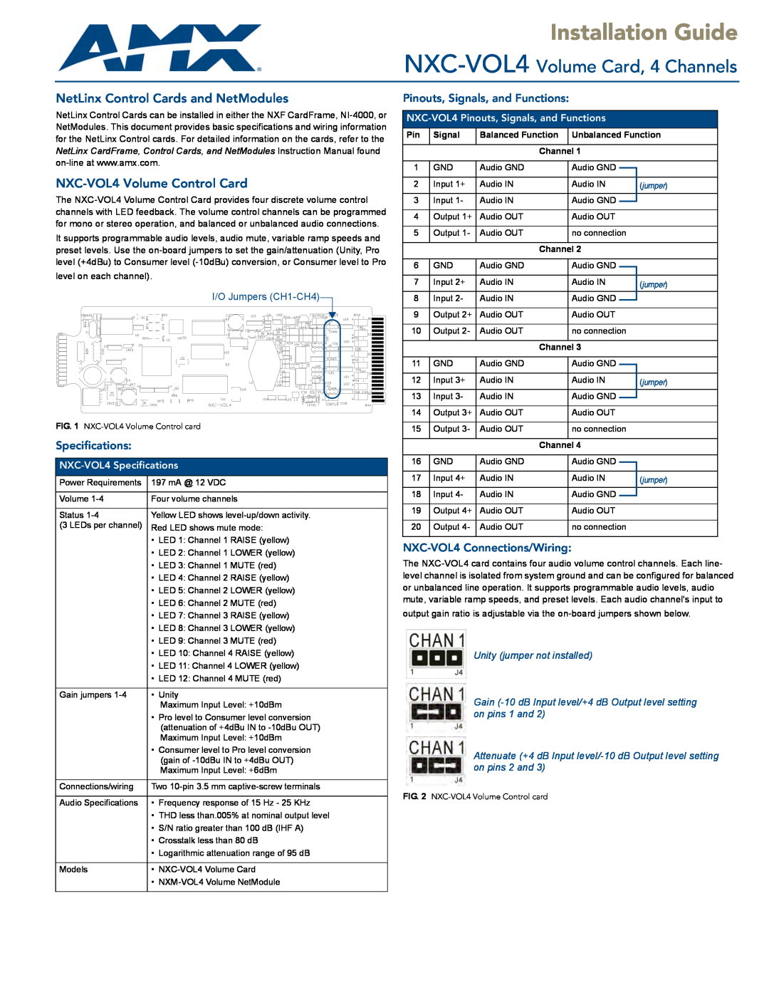 AMX specifications Specifications, Pinouts, Signals, and Functions, NXC-VOL4Connections/Wiring, I/O Jumpers CH1-CH4 