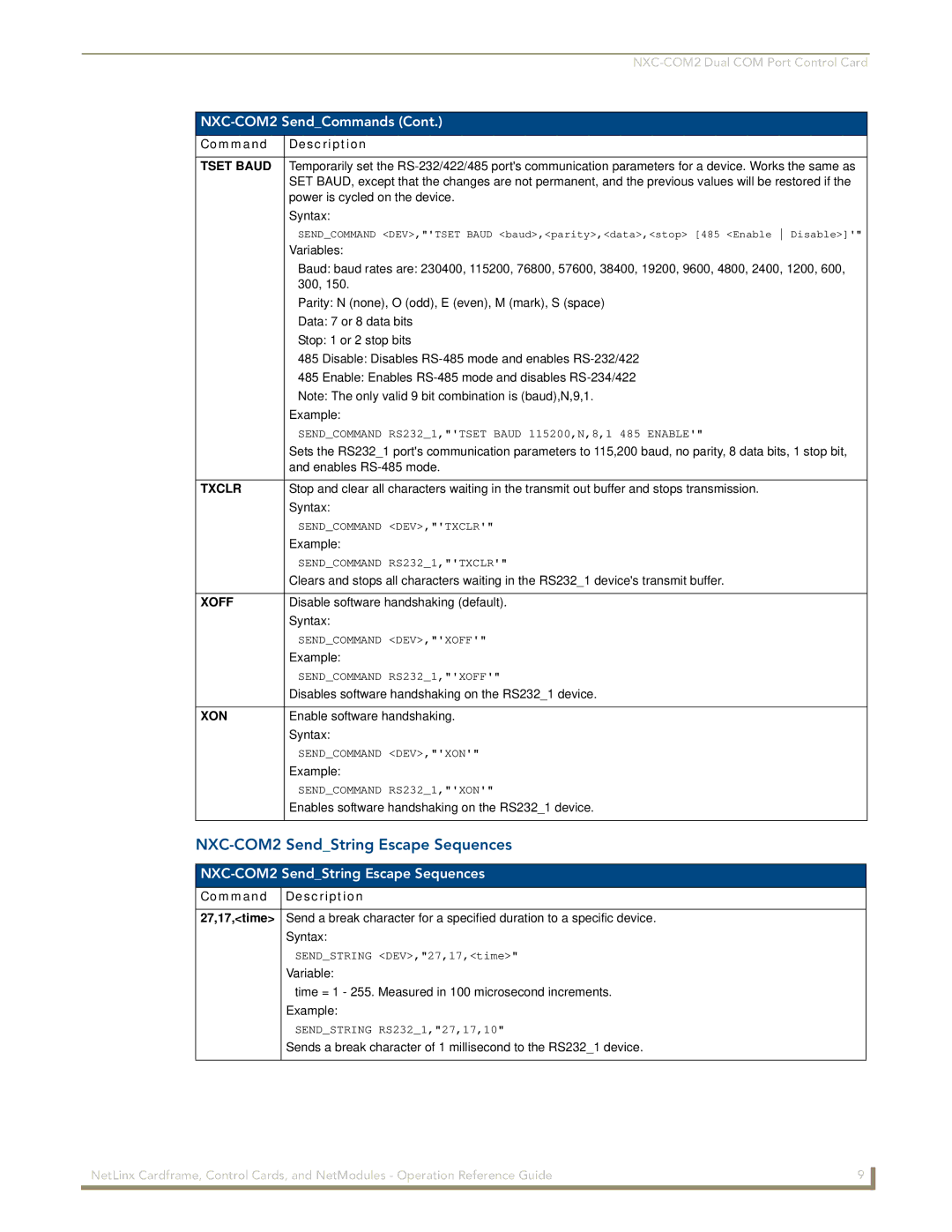 AMX nxc manual NXC-COM2 SendString Escape Sequences, Txclr, Xoff, Xon 