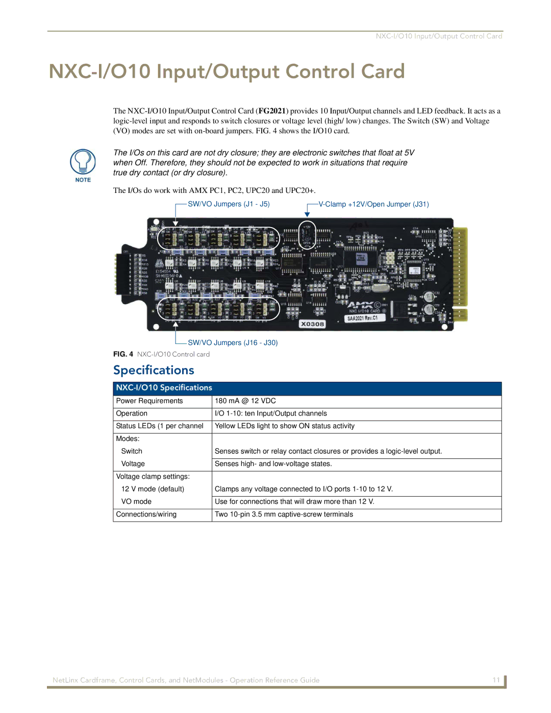 AMX nxc manual NXC-I/O10 Input/Output Control Card, NXC-I/O10 Specifications 