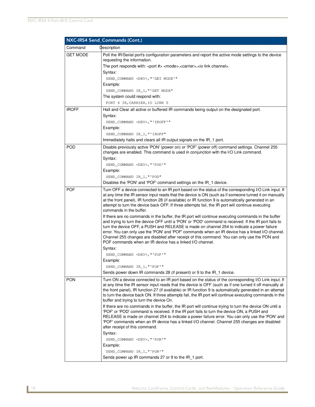 AMX nxc manual GET Mode, Iroff, Pod, Pof, Pon 