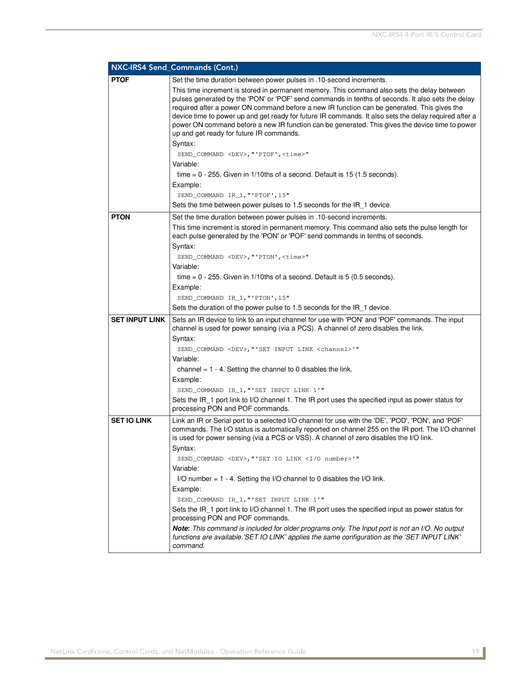 AMX nxc manual Ptof, Pton, SET Input Link, SET IO Link 