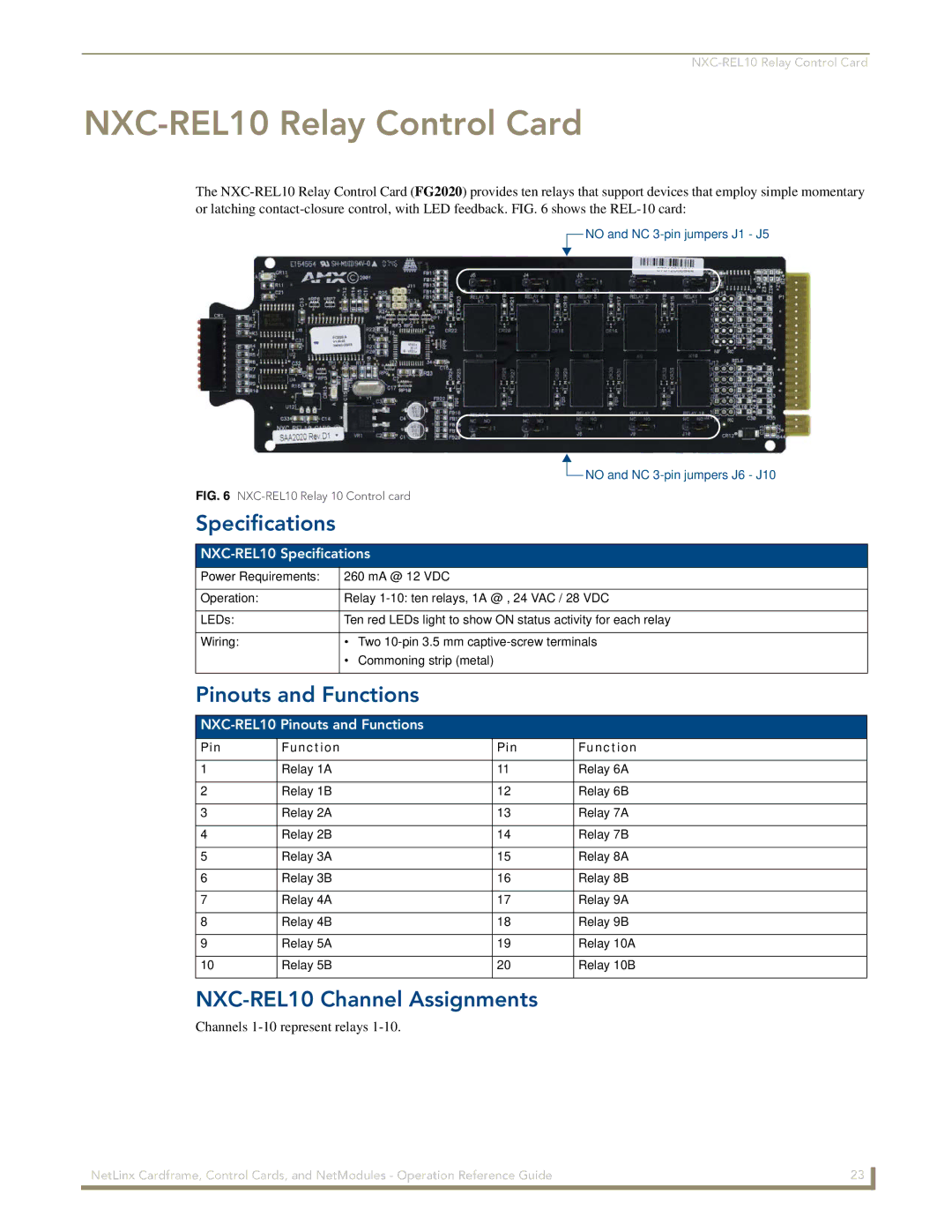 AMX nxc manual NXC-REL10 Relay Control Card, Pinouts and Functions, NXC-REL10 Channel Assignments, NXC-REL10 Specifications 