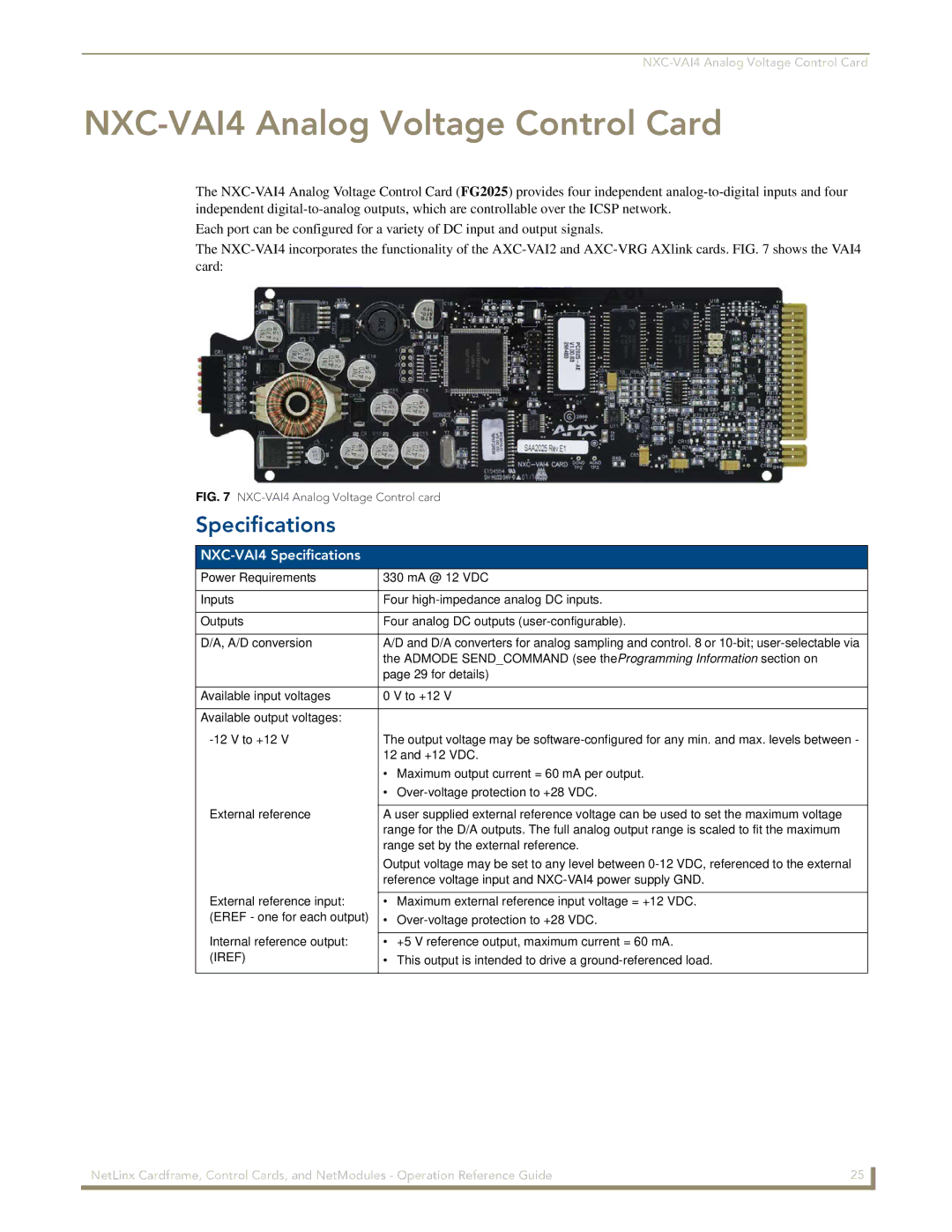 AMX nxc manual NXC-VAI4 Analog Voltage Control Card, NXC-VAI4 Specifications, Iref 