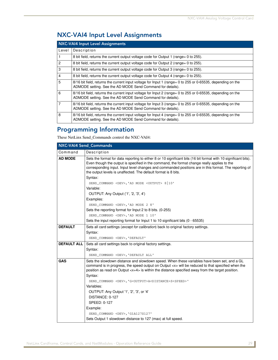 AMX nxc manual NXC-VAI4 Input Level Assignments, NXC-VAI4 SendCommands 