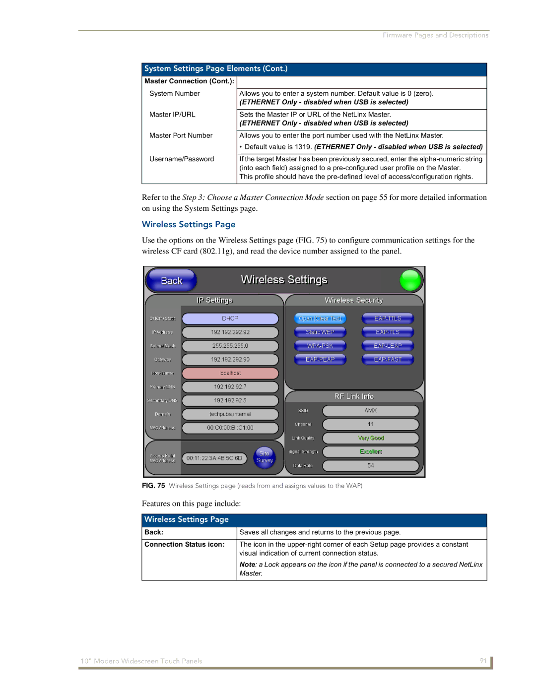 AMX NXD-1000Vi manual Wireless Settings 