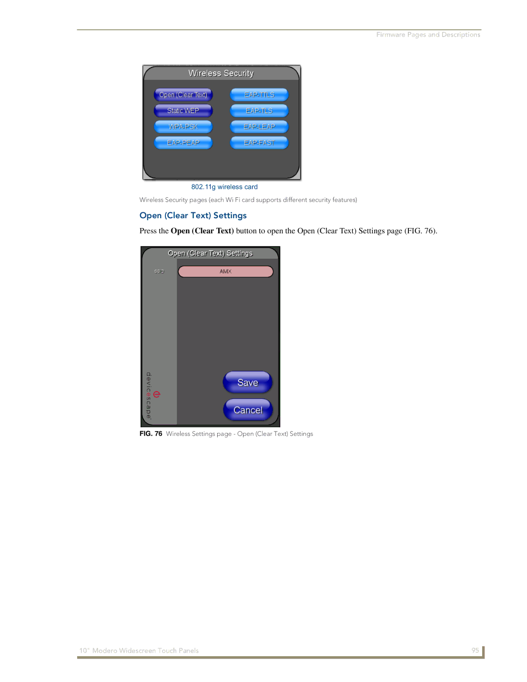 AMX NXD-1000Vi manual Wireless Settings page Open Clear Text Settings 