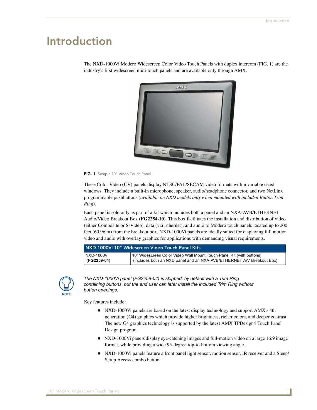 AMX manual Introduction, NXD-1000Vi 10 Widescreen Video Touch Panel Kits, FG2259-04 