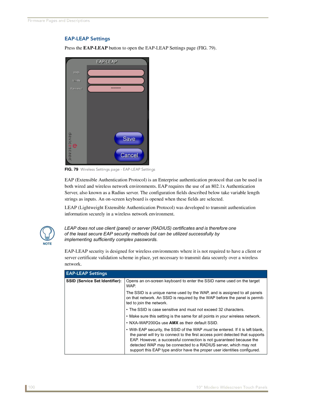 AMX NXD-1000Vi manual EAP-LEAP Settings, Ssid Service Set Identifier 