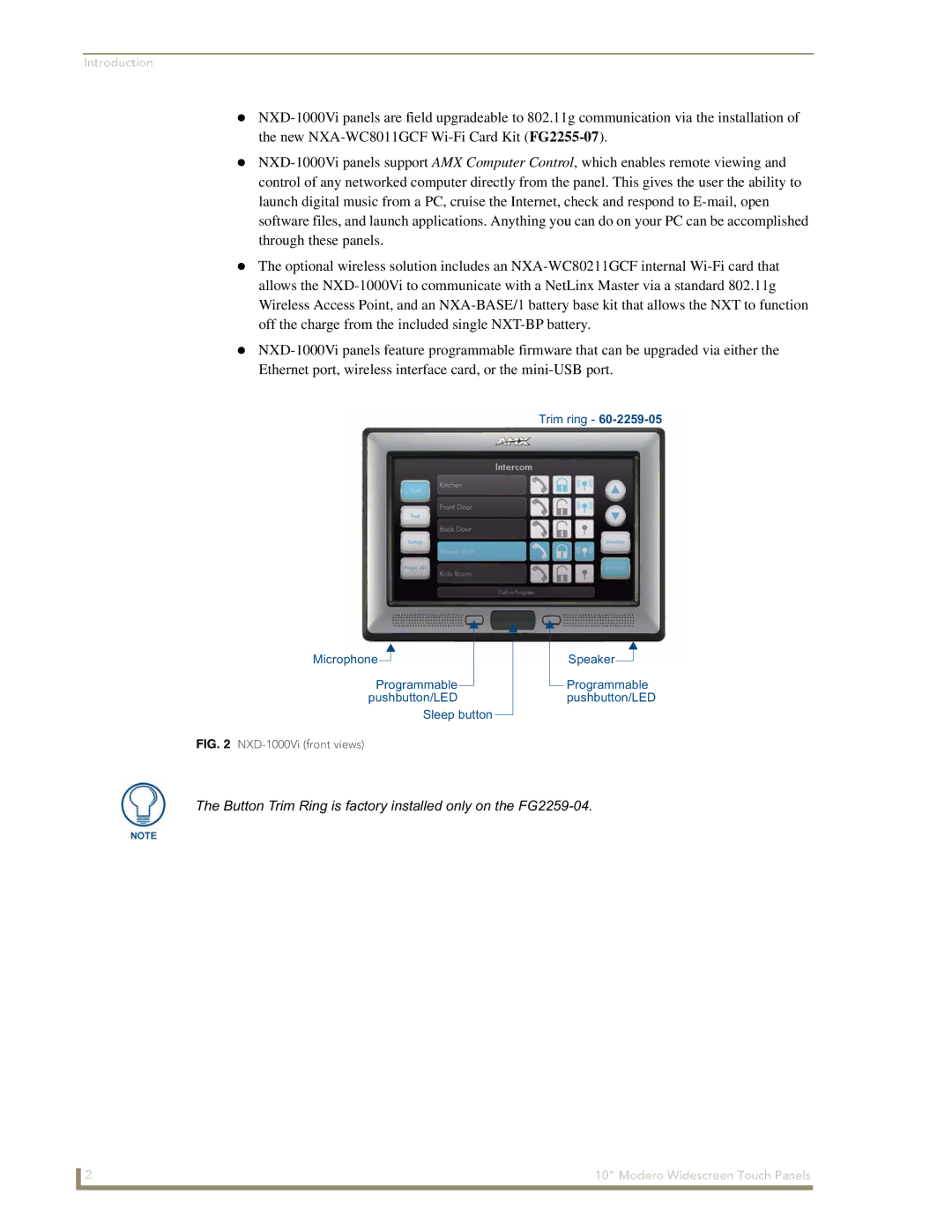 AMX NXD-1000Vi manual Button Trim Ring is factory installed only on the FG2259-04 