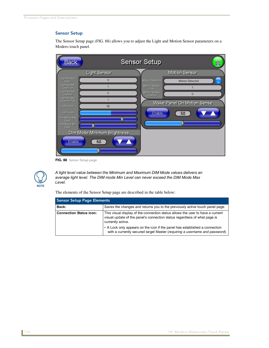 AMX NXD-1000Vi manual Sensor Setup Page Elements 