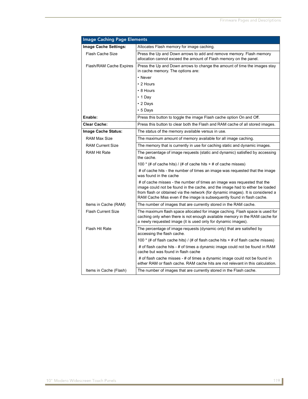 AMX NXD-1000Vi manual Image Cache Settings, Enable, Clear Cache, Image Cache Status 