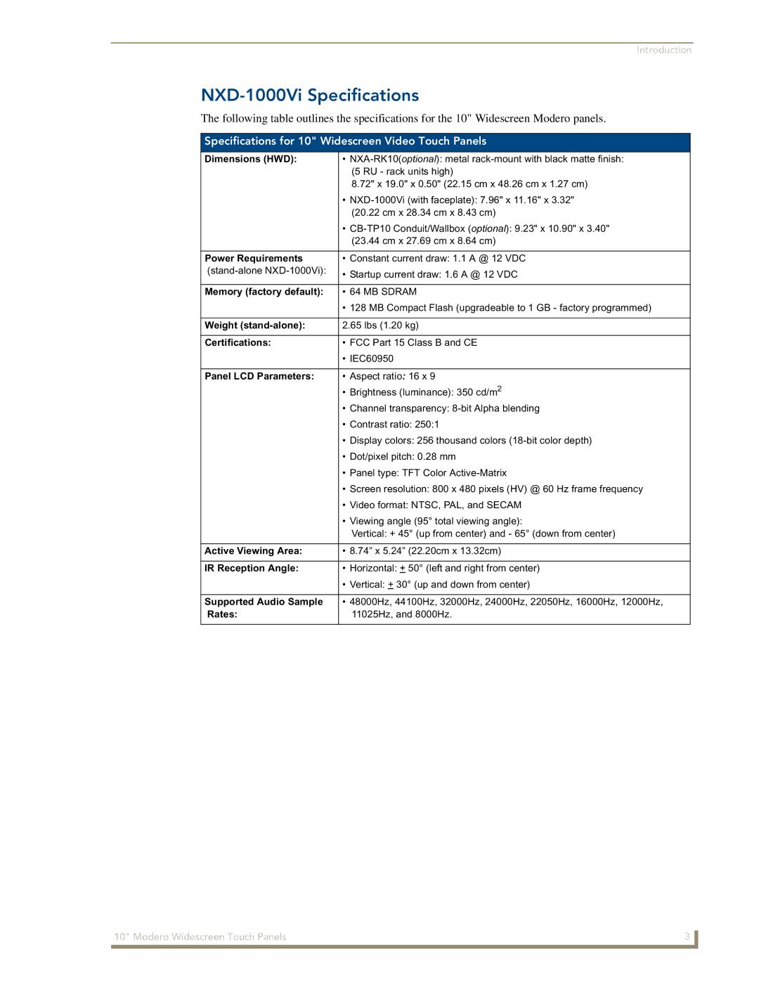 AMX manual NXD-1000Vi Specifications, Specifications for 10 Widescreen Video Touch Panels 