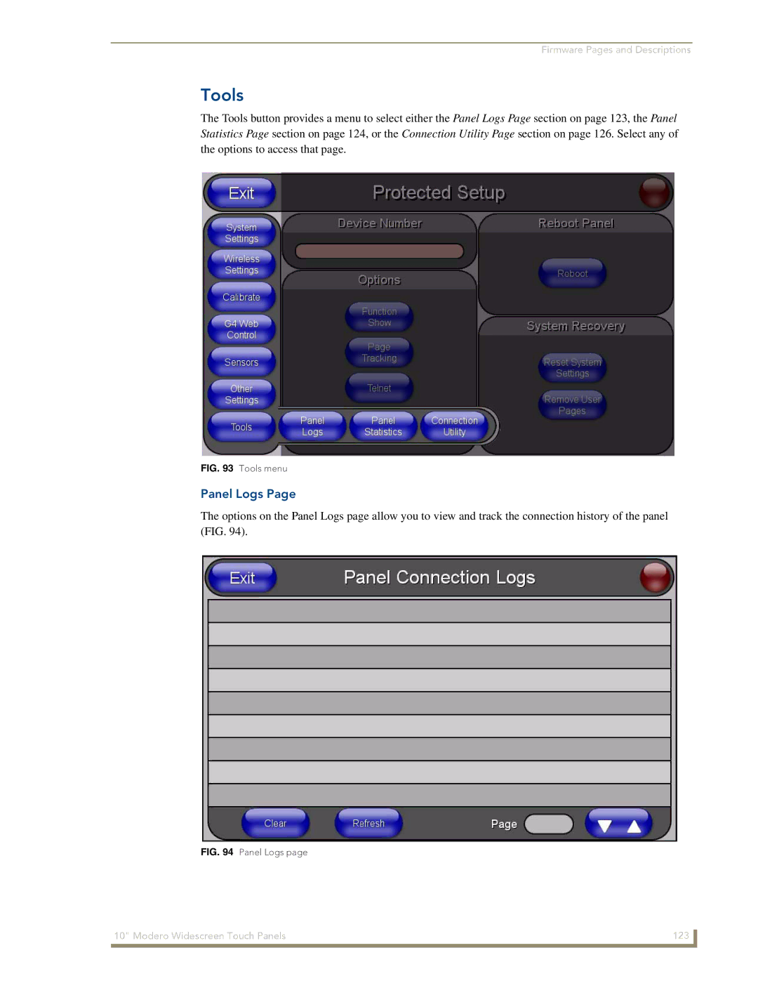 AMX NXD-1000Vi manual Tools, Panel Logs 