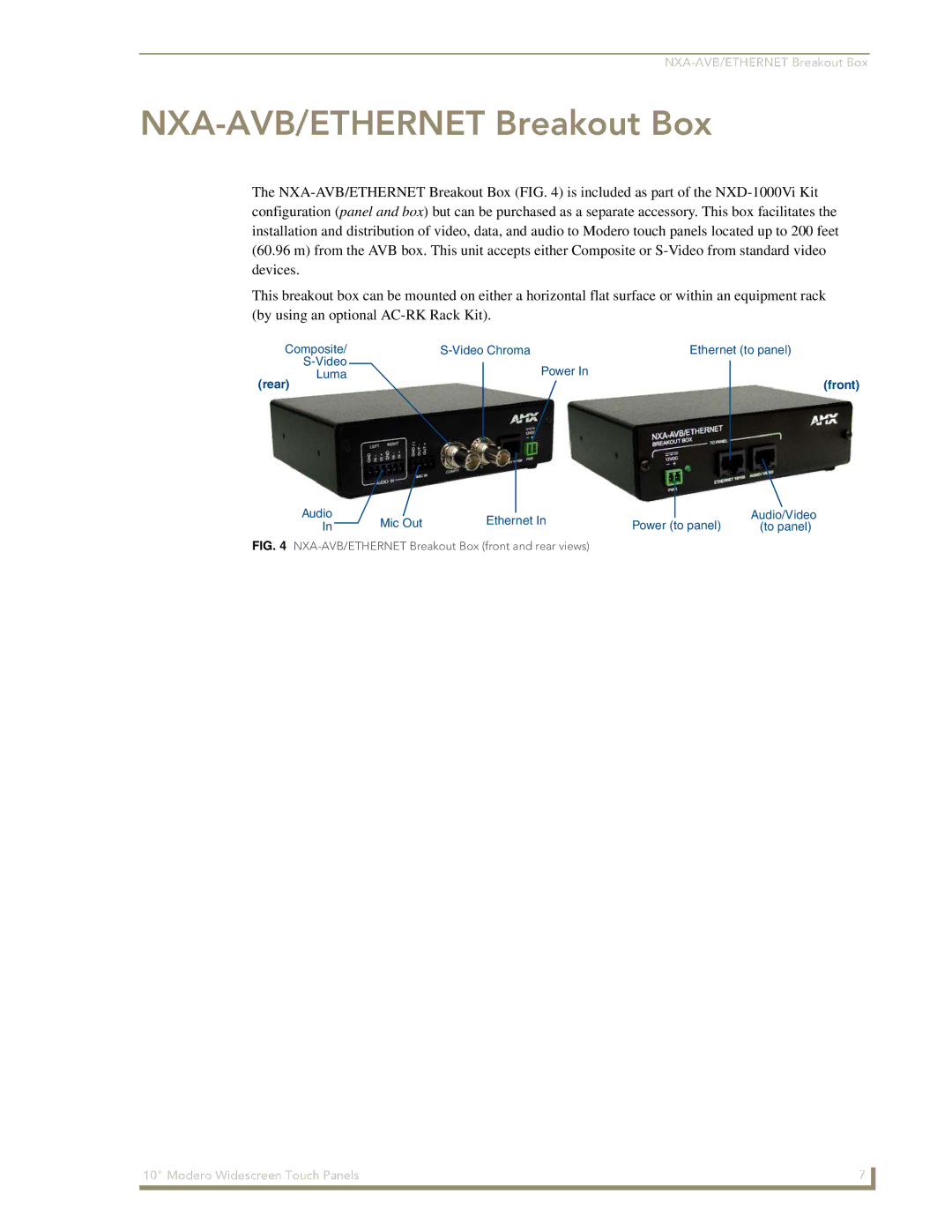 AMX NXD-1000Vi manual NXA-AVB/ETHERNET Breakout Box front and rear views 