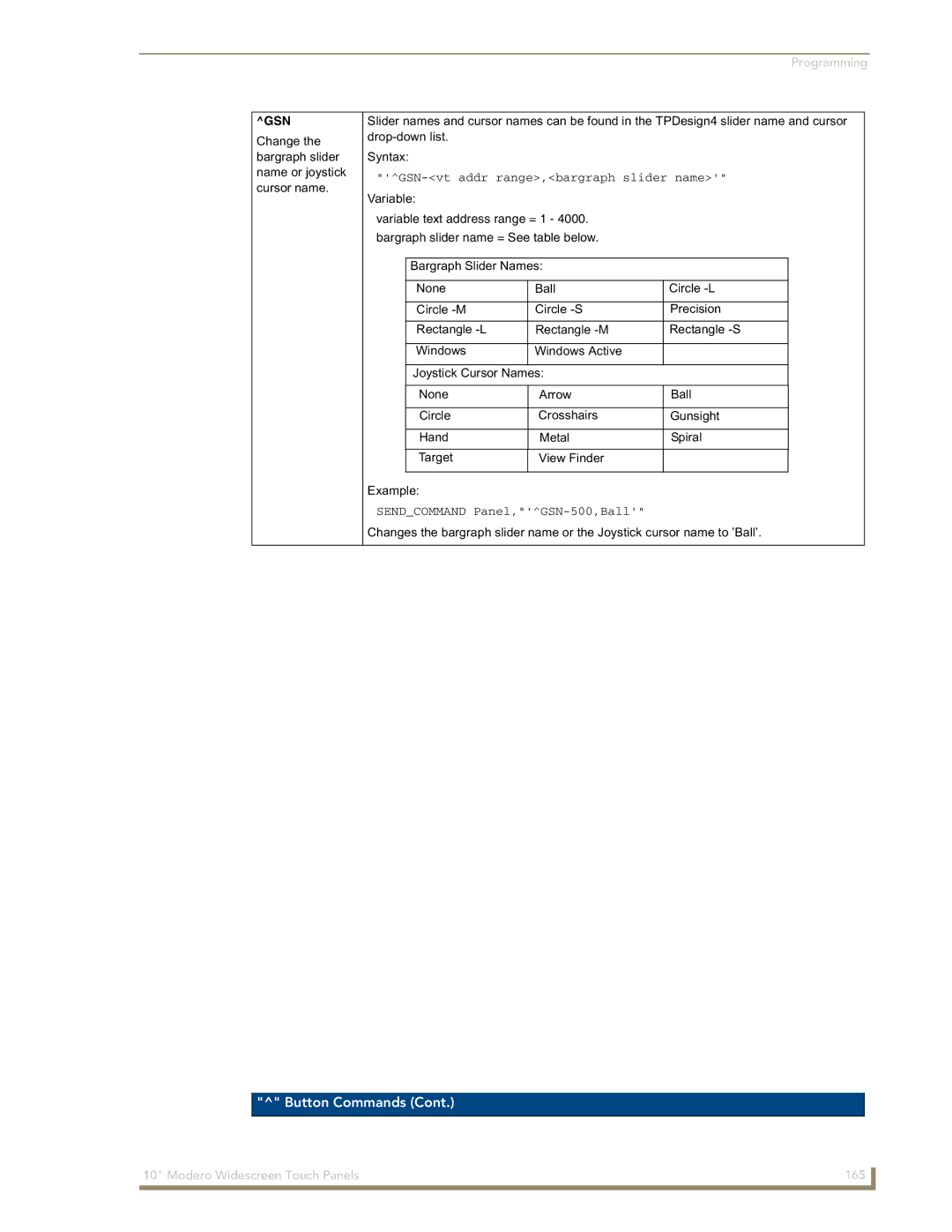 AMX NXD-1000Vi manual Gsn, GSN-vt addr range,bargraph slider name 