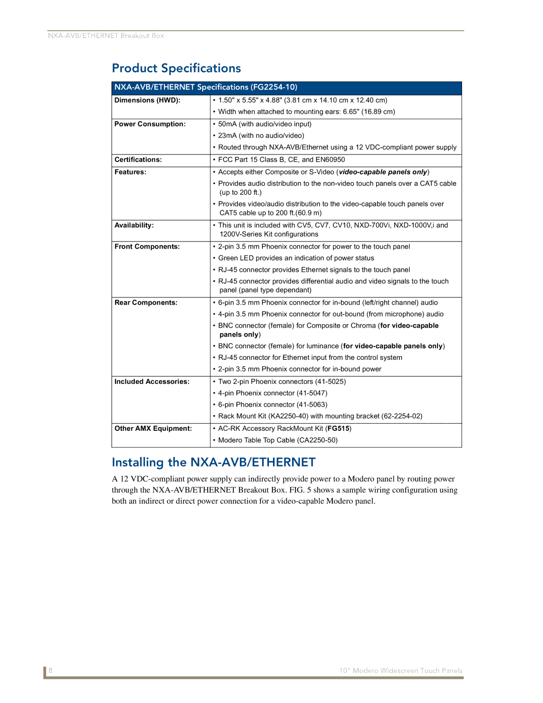 AMX NXD-1000Vi manual Product Specifications, Installing the NXA-AVB/ETHERNET, NXA-AVB/ETHERNET Specifications FG2254-10 