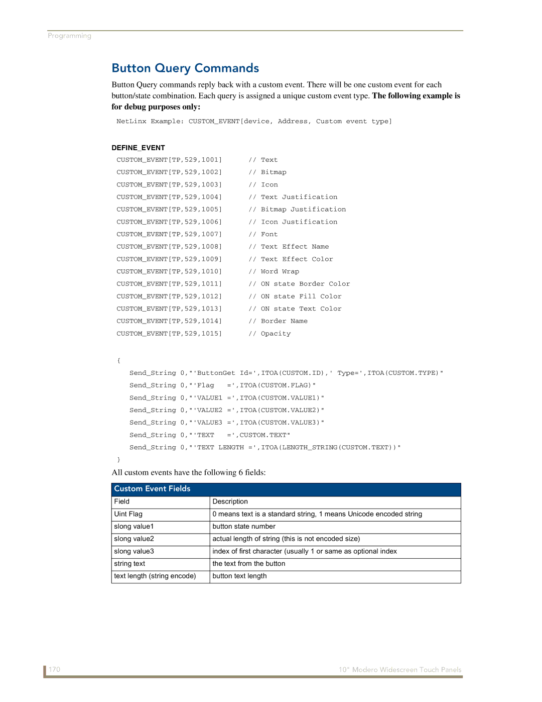 AMX NXD-1000Vi manual Button Query Commands, Custom Event Fields, Defineevent 