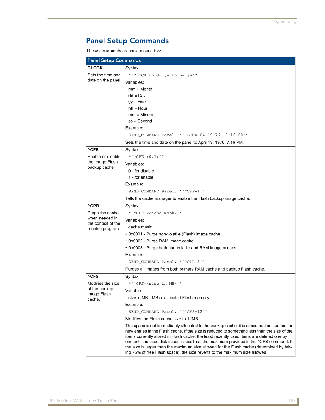 AMX NXD-1000Vi manual Panel Setup Commands 