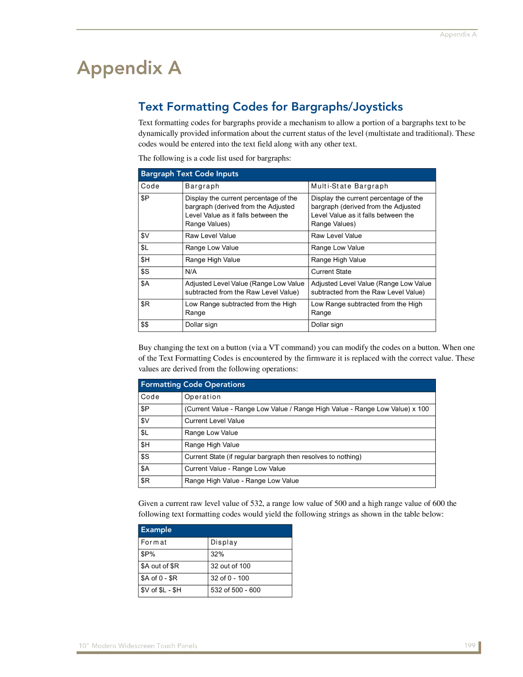 AMX NXD-1000Vi manual Appendix a, Text Formatting Codes for Bargraphs/Joysticks, Bargraph Text Code Inputs, Example 