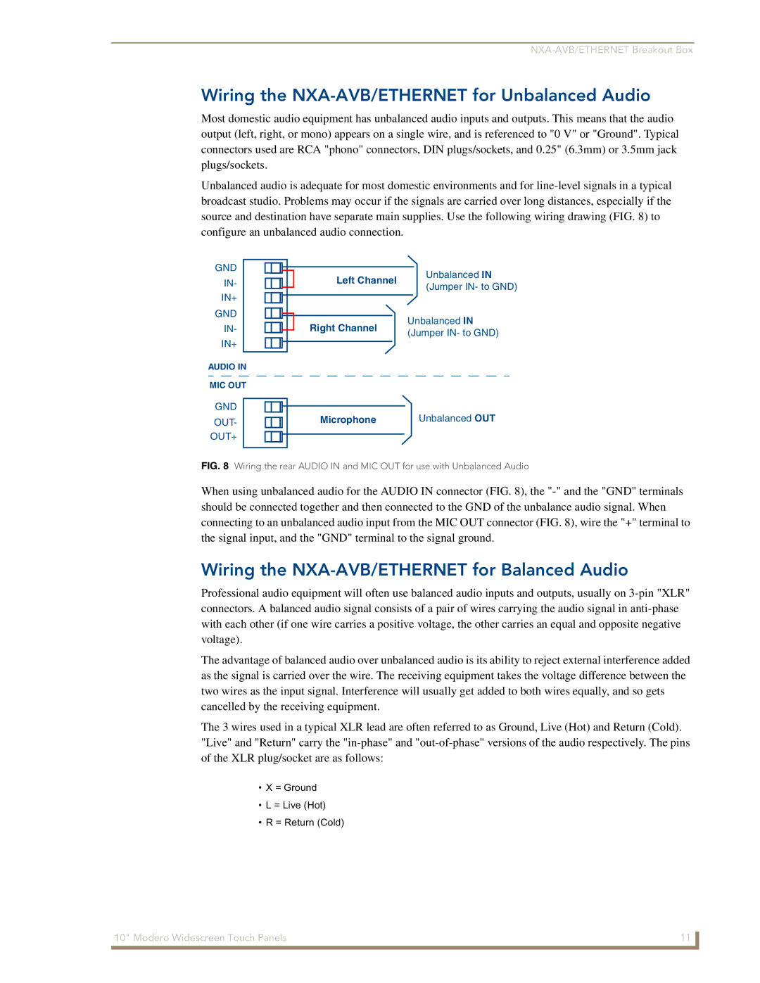 AMX NXD-1000Vi manual Wiring the NXA-AVB/ETHERNET for Unbalanced Audio, Wiring the NXA-AVB/ETHERNET for Balanced Audio 