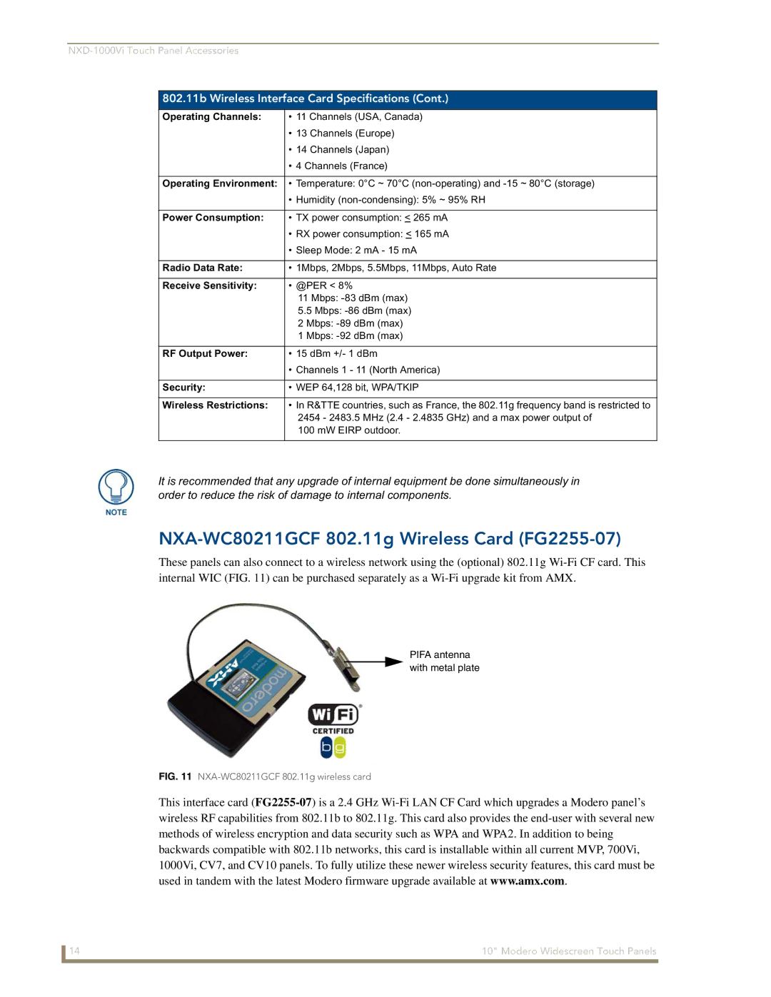 AMX NXD-1000Vi manual NXA-WC80211GCF 802.11g Wireless Card FG2255-07 