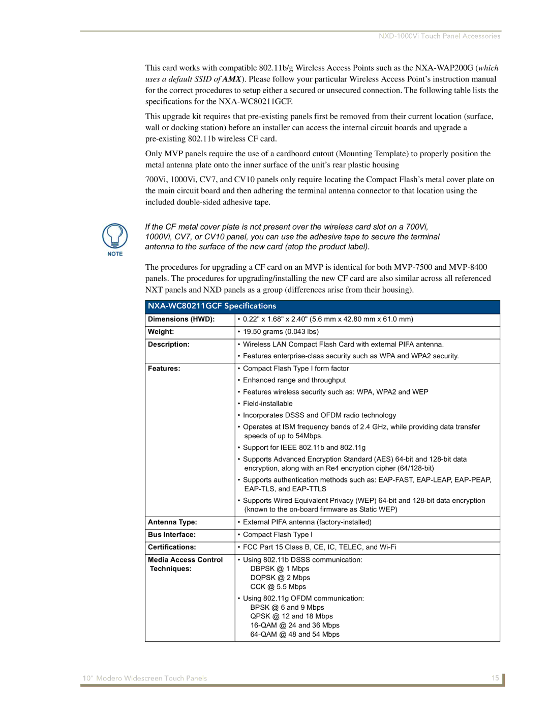 AMX NXD-1000Vi manual NXA-WC80211GCF Specifications, Antenna Type, Bus Interface, Media Access Control, Techniques 