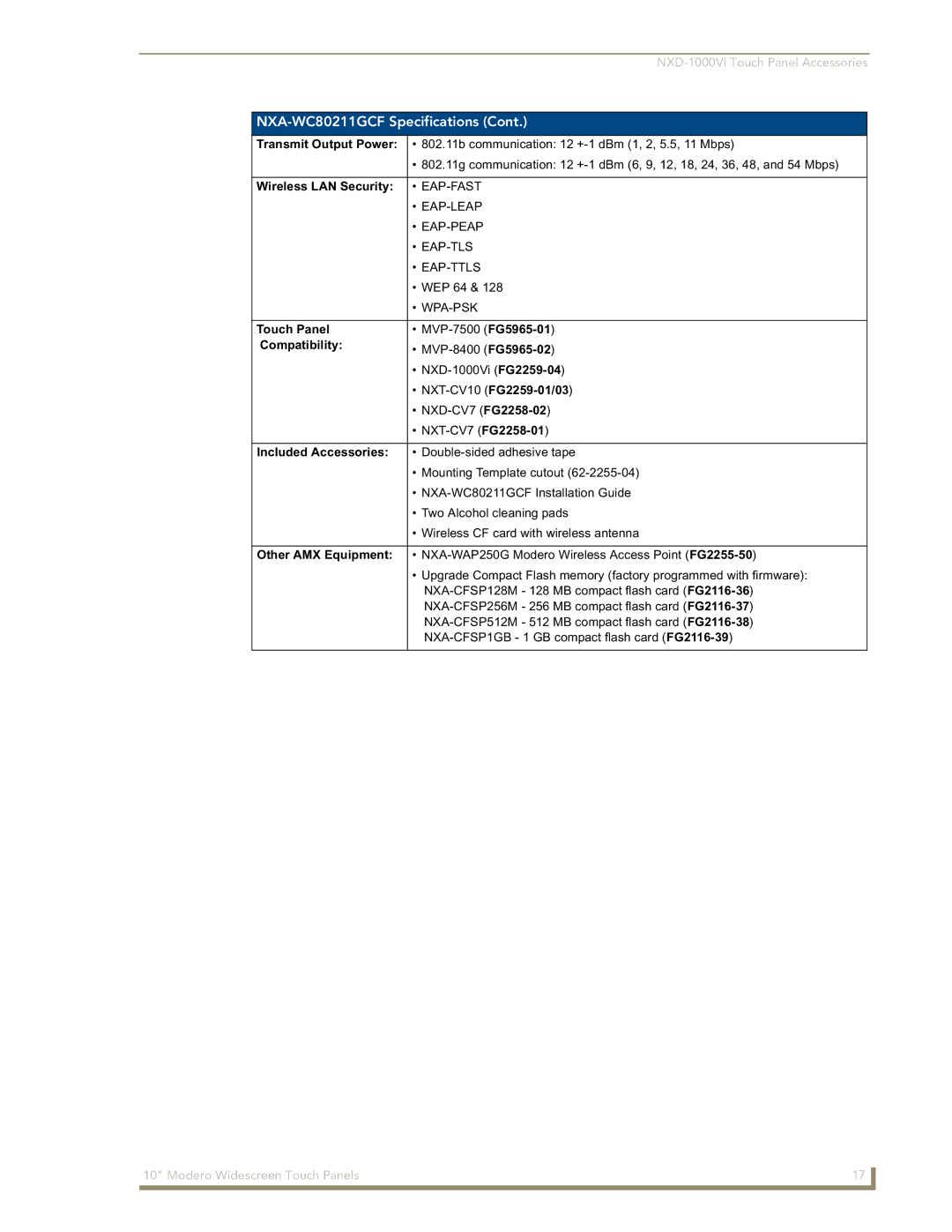 AMX NXD-1000Vi manual Wireless LAN Security, Touch Panel, Compatibility 