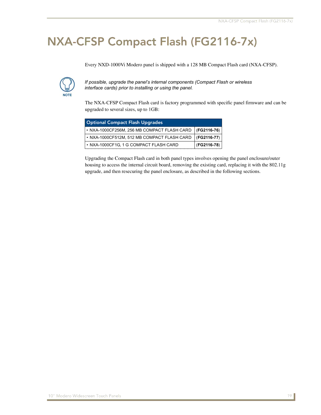 AMX NXD-1000Vi manual NXA-CFSP Compact Flash FG2116-7x, Optional Compact Flash Upgrades, FG2116-76, FG2116-77, FG2116-78 