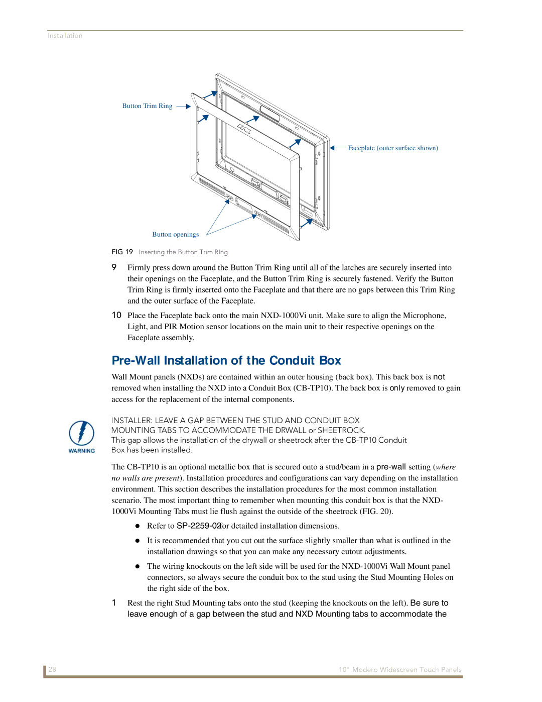 AMX NXD-1000Vi manual Pre-Wall Installation of the Conduit Box, Installer Leave a GAP Between the Stud and Conduit BOX 