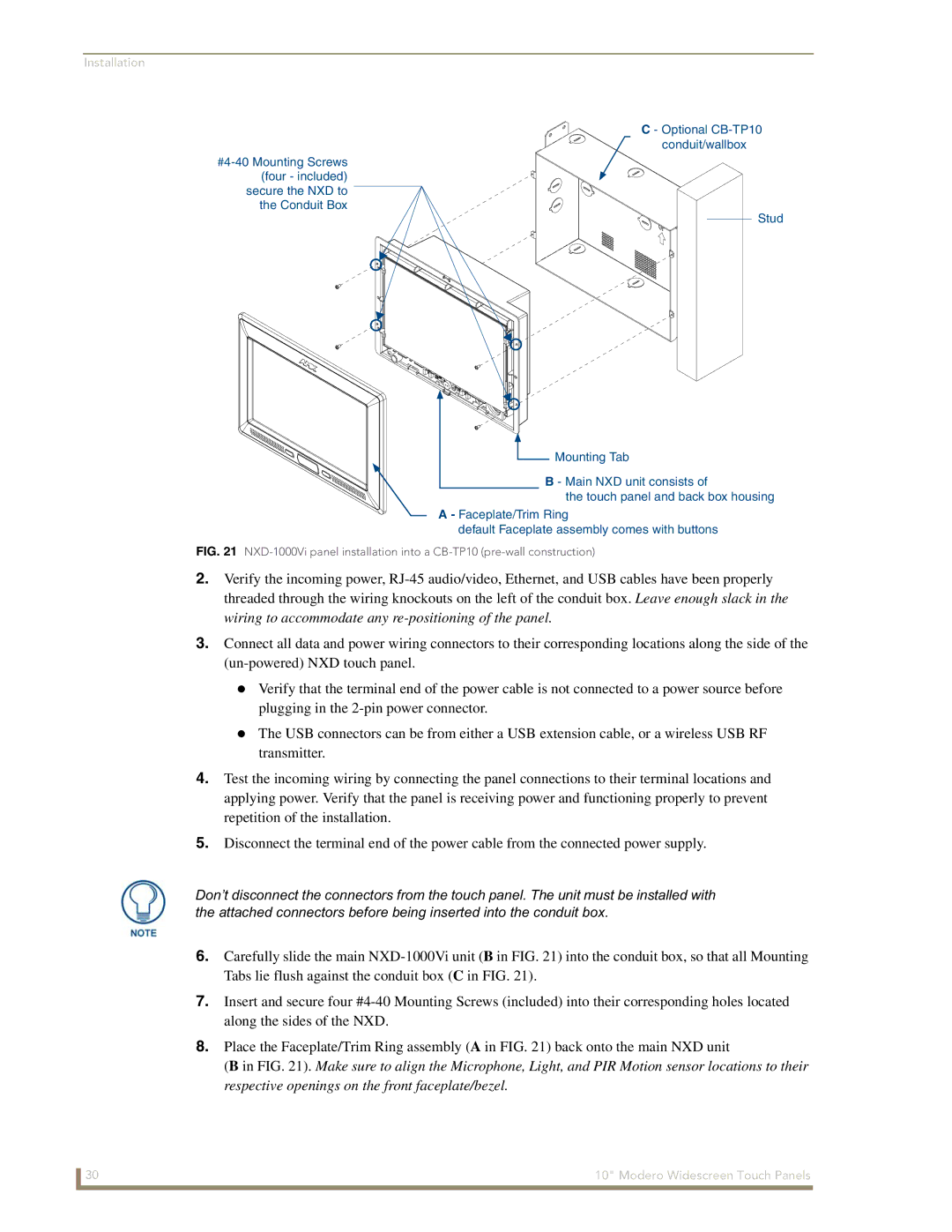 AMX NXD-1000Vi manual Touch panel and back box housing 