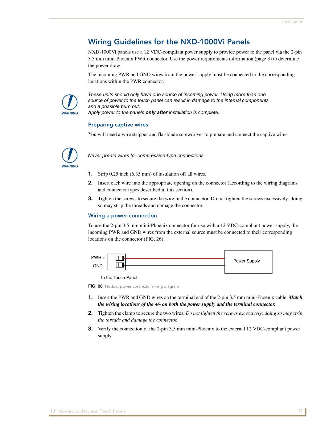 AMX manual Wiring Guidelines for the NXD-1000Vi Panels, Preparing captive wires, Wiring a power connection 