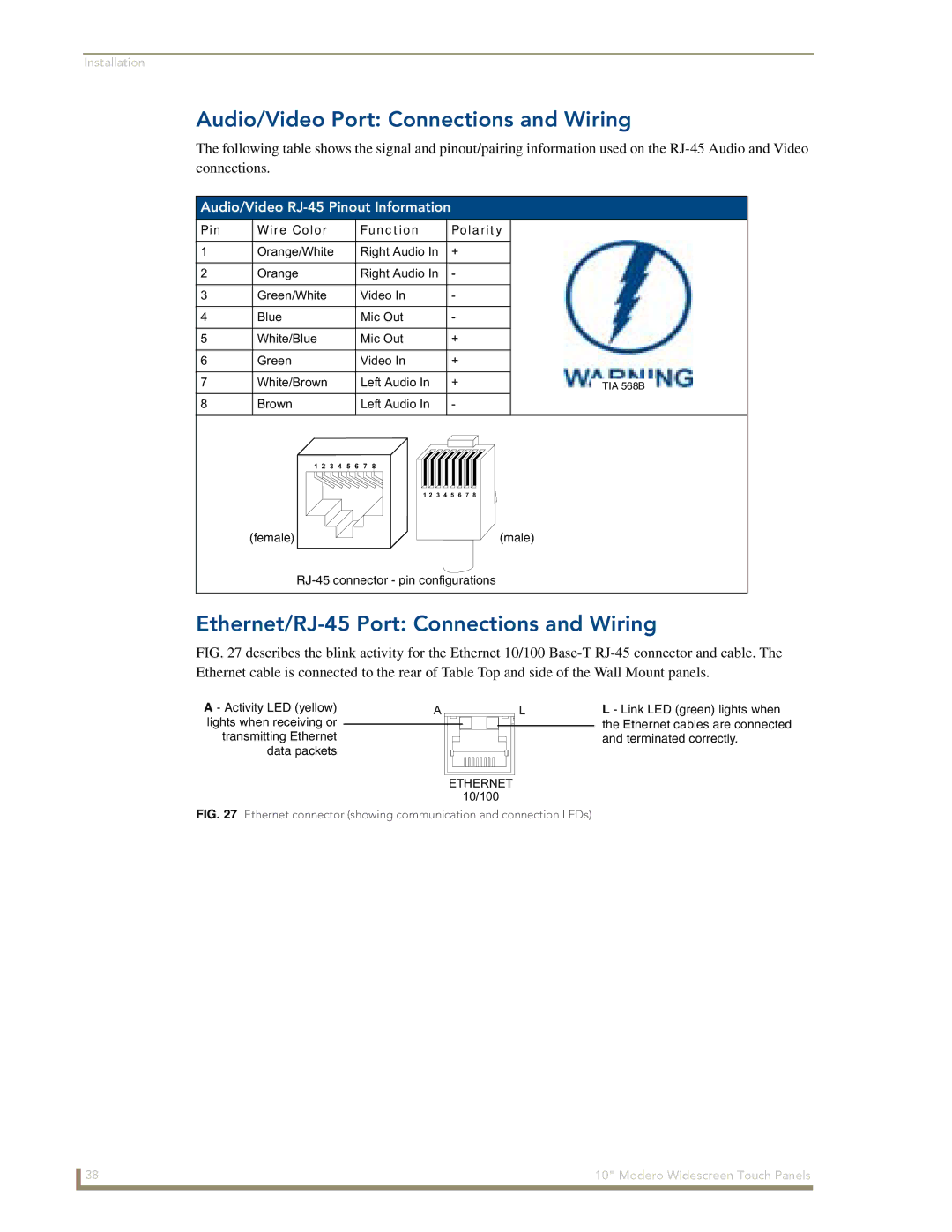 AMX NXD-1000Vi manual Audio/Video Port Connections and Wiring, Ethernet/RJ-45 Port Connections and Wiring 