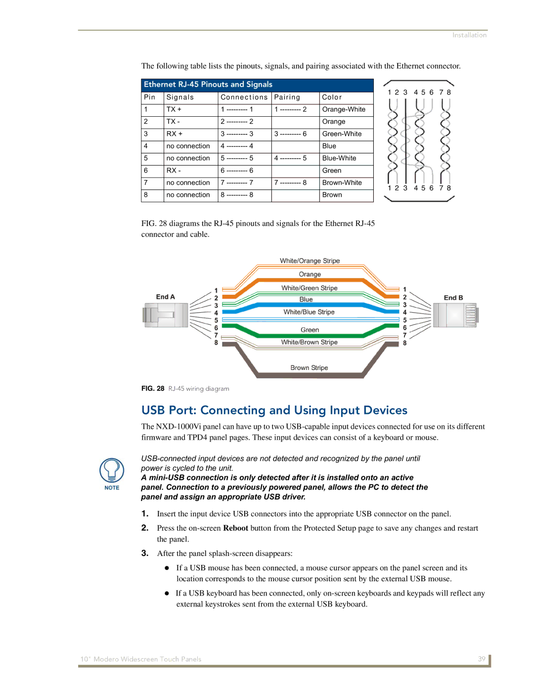 AMX NXD-1000Vi manual USB Port Connecting and Using Input Devices, Ethernet RJ-45 Pinouts and Signals 