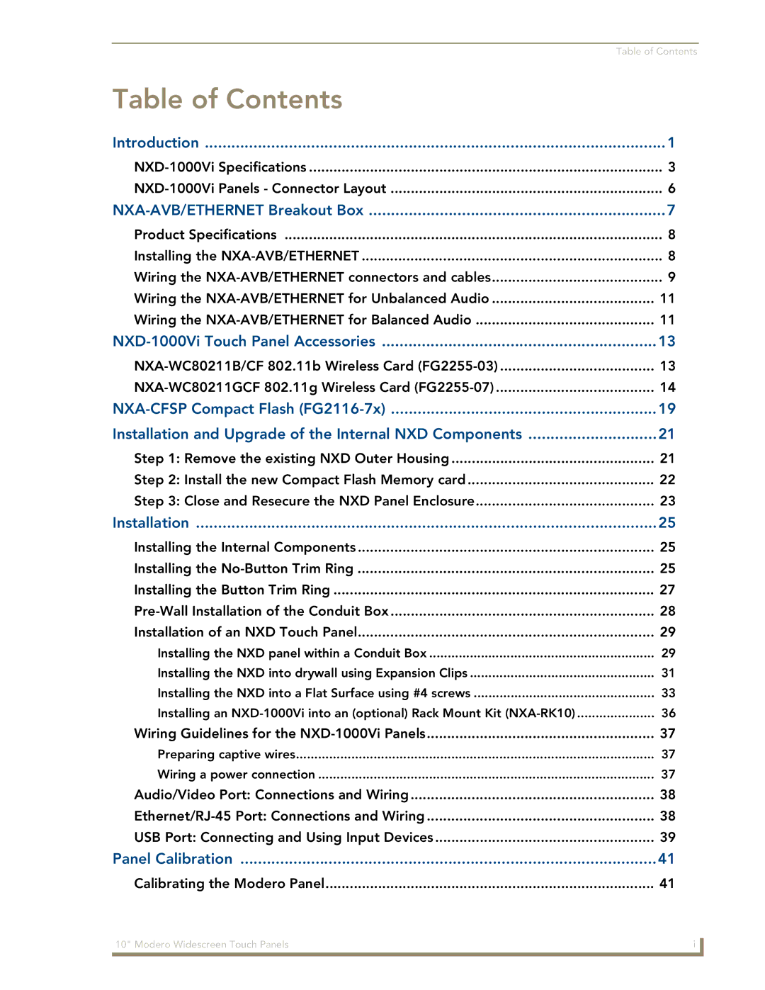 AMX NXD-1000Vi manual Table of Contents 