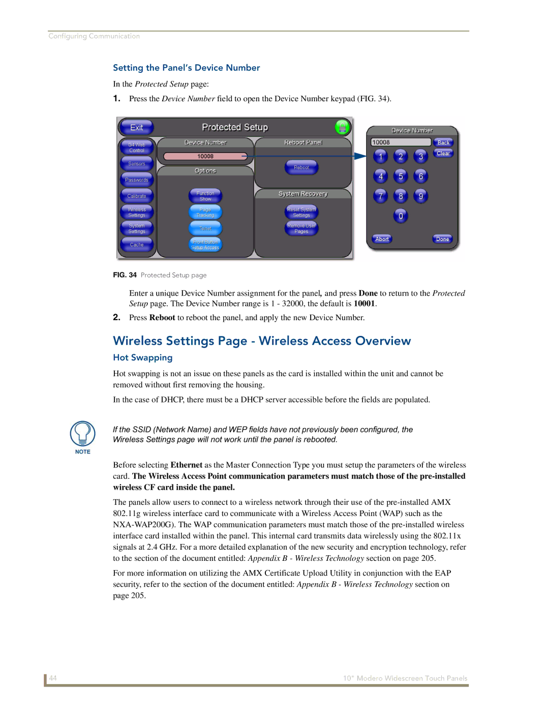 AMX NXD-1000Vi manual Wireless Settings Page Wireless Access Overview, Setting the Panel’s Device Number, Hot Swapping 