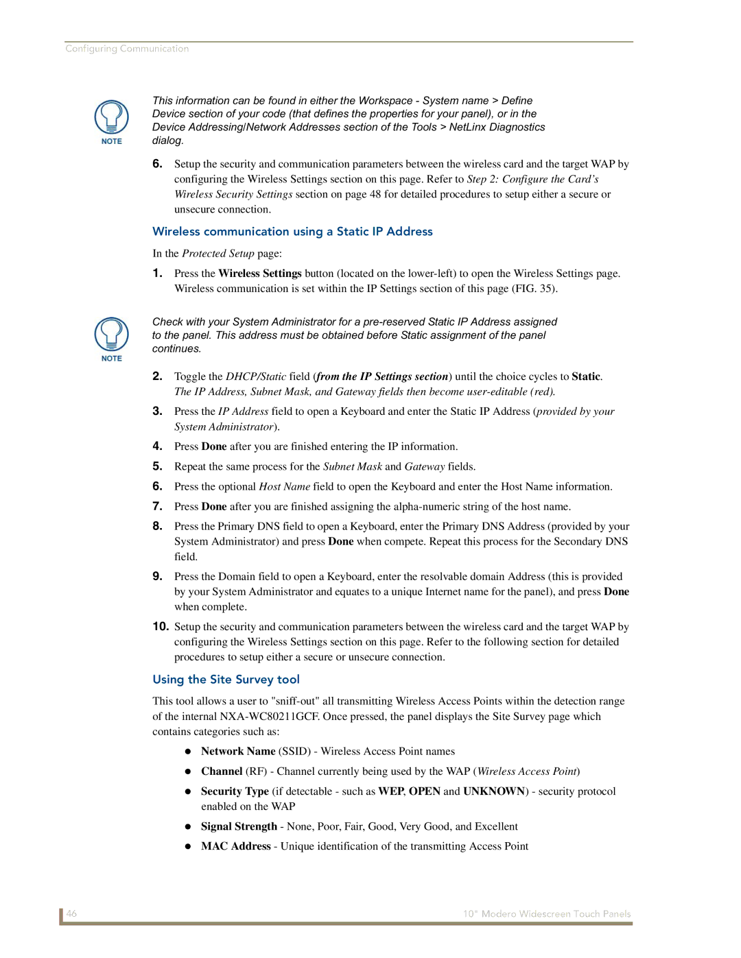 AMX NXD-1000Vi manual Wireless communication using a Static IP Address, Using the Site Survey tool 