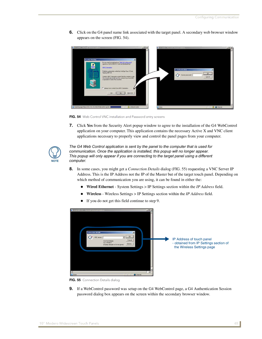 AMX NXD-1000Vi manual Web Control VNC installation and Password entry screens 