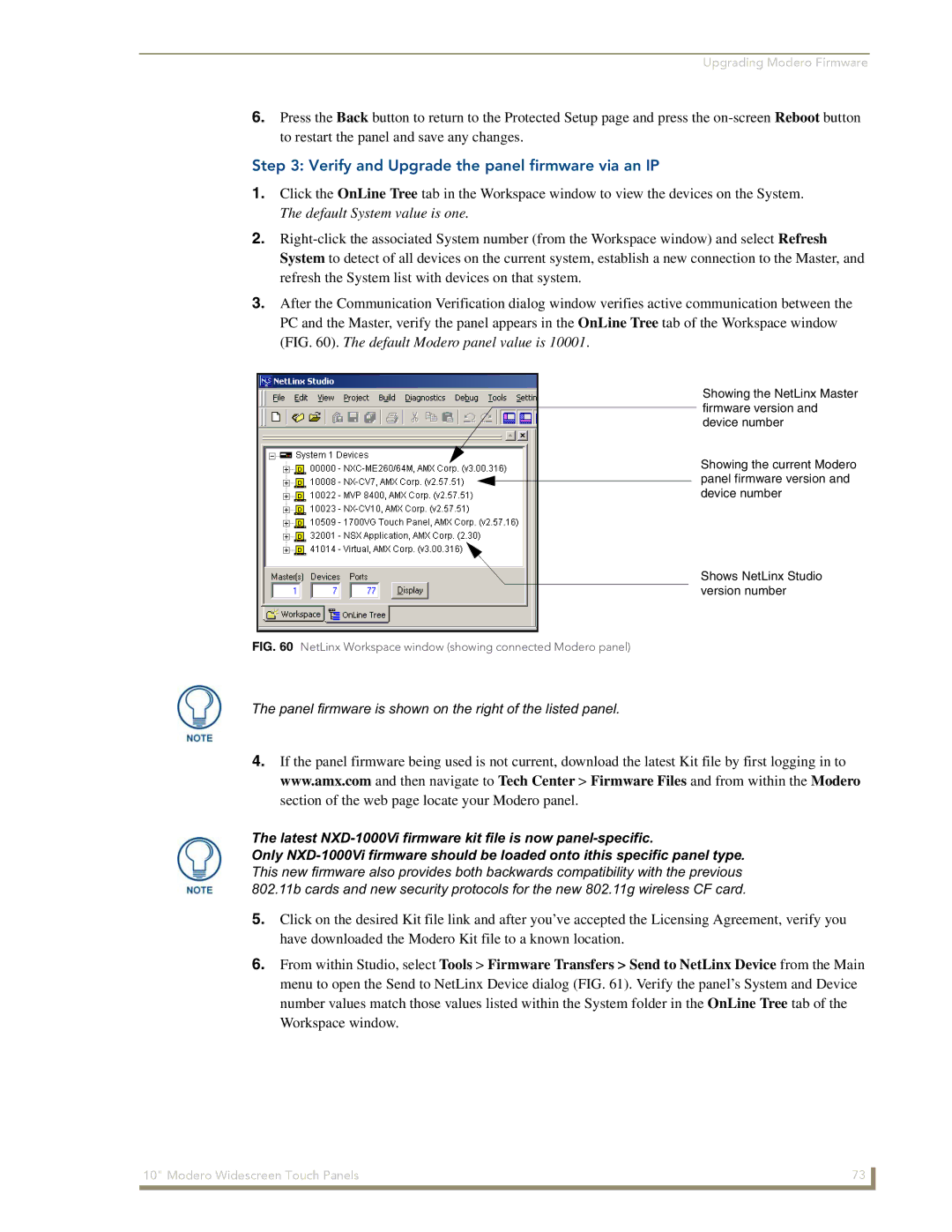 AMX manual Verify and Upgrade the panel firmware via an IP, Latest NXD-1000Vi firmware kit file is now panel-specific 