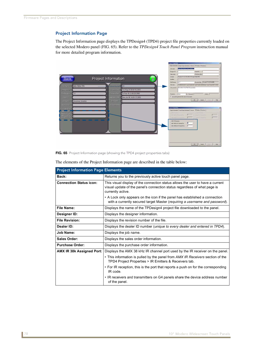 AMX NXD-1000Vi manual Project Information Page Elements 