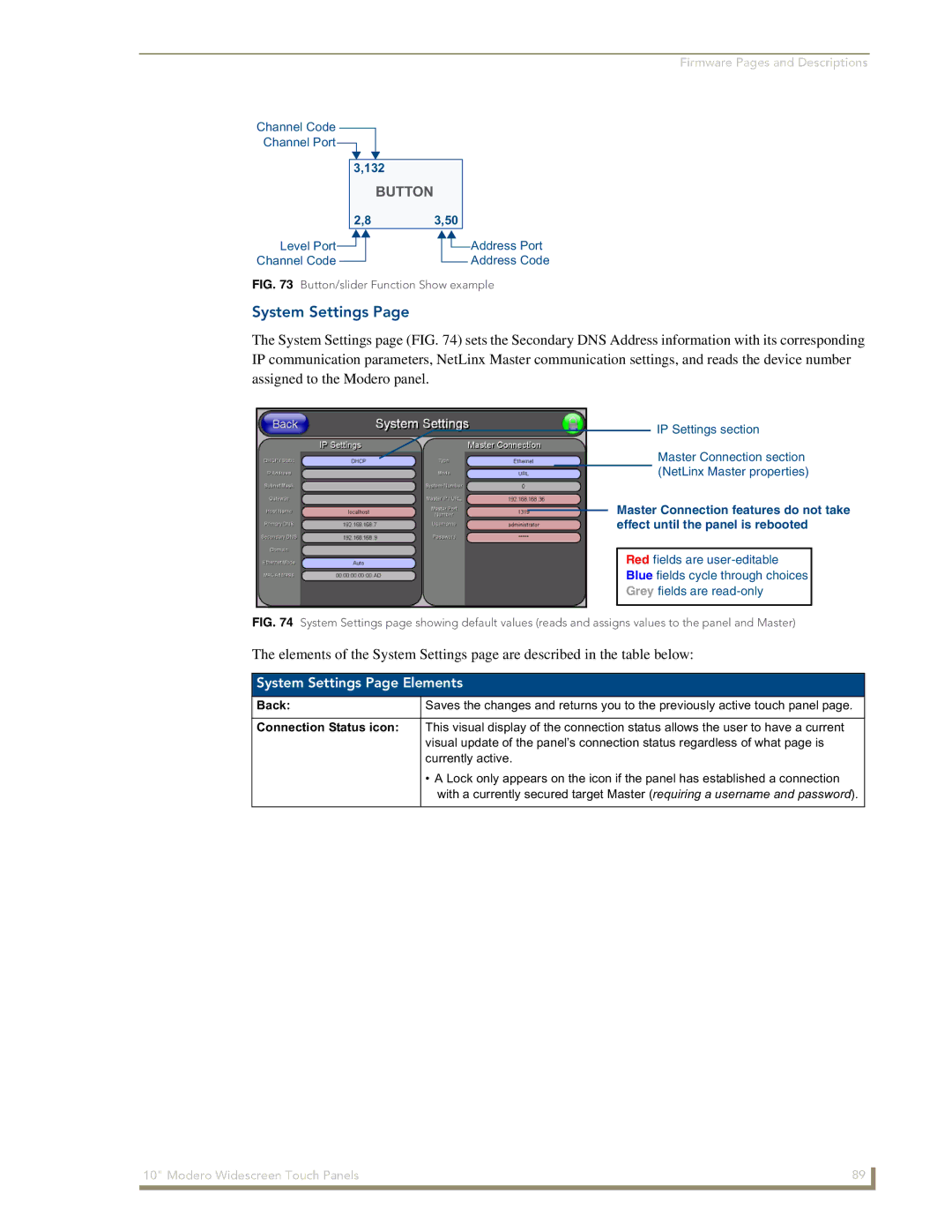 AMX NXD-1000Vi manual System Settings Page Elements 