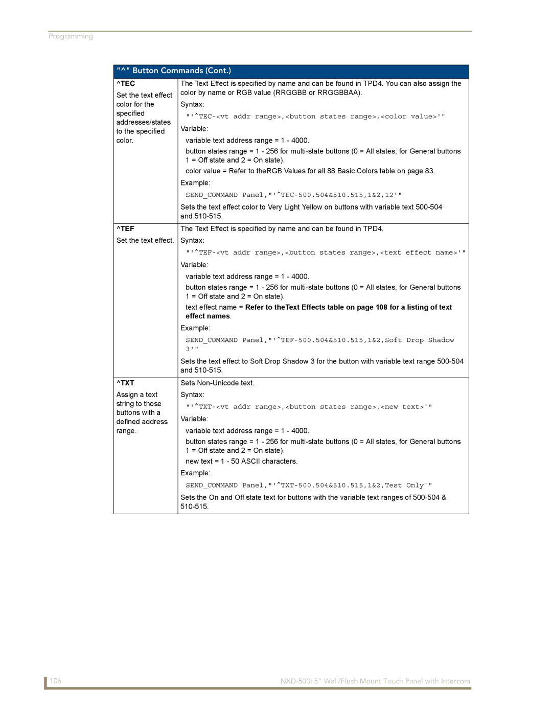 AMX NXD-500i manual Tec, Tef, Effect names, Txt 