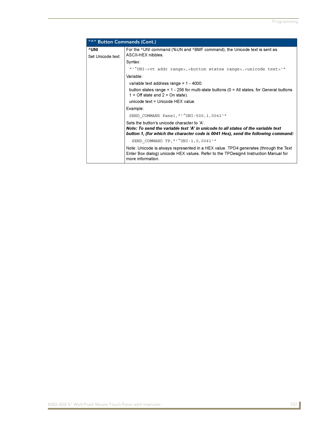 AMX NXD-500i manual Uni, UNI-vt addr range,button states range,unicode text, Sendcommand Panel,UNI-500,1,0041 