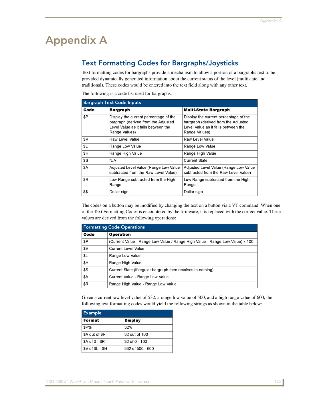 AMX NXD-500i manual Text Formatting Codes for Bargraphs/Joysticks, Following is a code list used for bargraphs, Example 